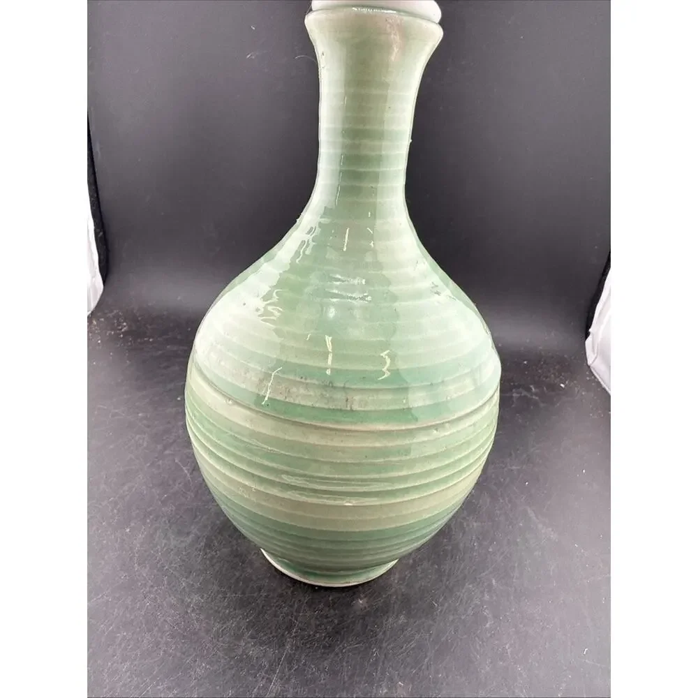 Hand Thrown Studio Pottery Oil Lamp Green Celadon Glaze Signed Dated 2006